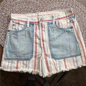 American Eagle Outfitters Striped Denim Patch Pocket Shorts - Pastel Blue & Pink